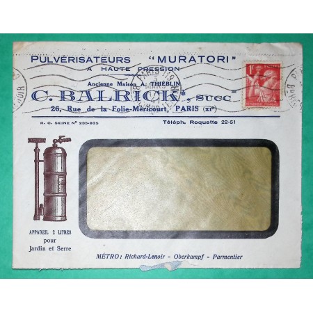 N°433 IRIS BELLE ENVELOPPE PUB ILLUSTREE PULVERISATEURS JARDINS MURATORI PARIS