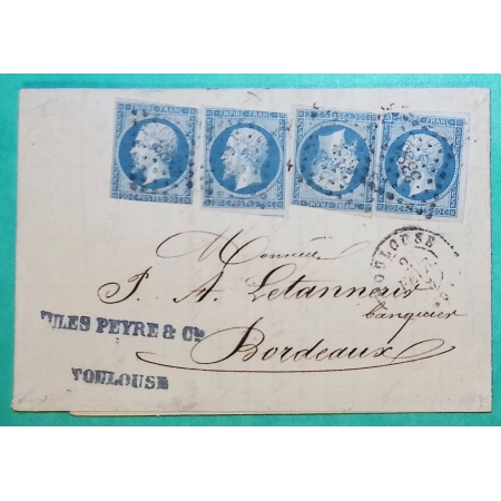 N°14 x4 NAPOLEON PC 3383 TOULOUSE HAUTE GARONNE QUADRUPLE PORT POUR BORDEAUX GIRONDE 1858 LETTRE COVER FRANCE