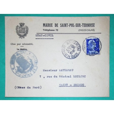 N°1011B MARIANNE DE MULLER BELLE ENVELOPPE ILLUSTREE MAIRIE SAINT POL SUR TERNOISE PAS DE CALAIS 1958