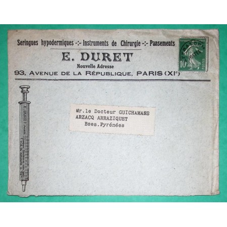 N°159 SEMEUSE PREOBLITERE BELLE ENVELOPPE PUBLICITE SERINGUES PANSEMENTS DURET PARIS POUR ARZACQ ARRAZIGUET BASSES PYRENEES