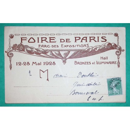 N°159 SEMEUSE PREOBLITERE BELLE ENVELOPPE PUBLICITE FOIRE DE PARIS PARC DES EXPOSITIONS HALL BRONZES ET LUMINAIRE 1928