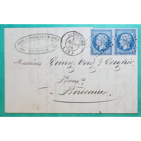 N°14 x2 BLEU SUR LILAS PC 1714 LIBOURNE GIRONDE DOUBLE PORT POUR BORDEAUX 1858 LETTRE COVER FRANCE