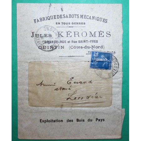 N°140 SEMEUSE ENVELOPPE PUBLICITE FABRIQUE DE SABOTS MECANIQUES KEROMES QUINTIN COTES DU NORD 1921