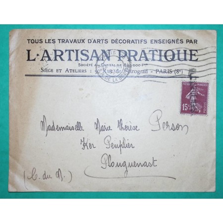 N°189 SEMEUSE GRIFFE BANLIEUE BELLE ENVELOPPE PUB ILLUSTREE L'ARTISAN PRATIQUE PARIS POUR PLOUGUENAST COTES DU NORD 1935