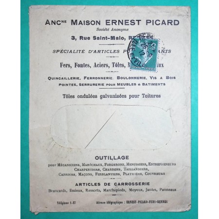 N°137 SEMEUSE BELLE ENVELOPPE PUB ILLUSTREE OUTILLAGE FERS PICARD RENNES ILLE ET VILAINE 1912