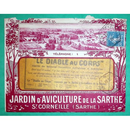 N°192 SEMEUSE BELLE ENVELOPPE PUB ILLUSTREE JARDIN D'AVICULTURE DE LA SARTHE ST CORNEILLE CACHET RECETTES AUXILIAIRES 1925