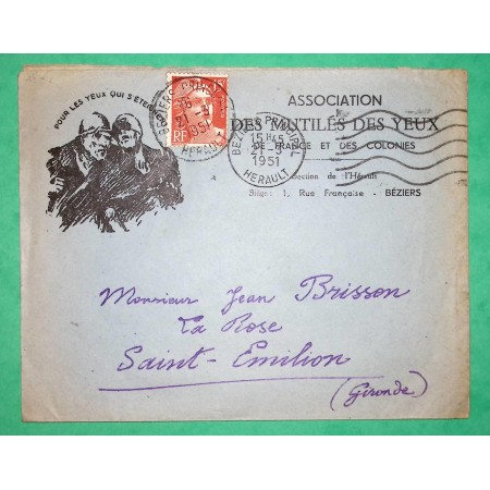 N°813 MARIANNE DE GANDON ENVELOPPE PUB ASSOCIATION DES MUTILES DES YEUX DE FRANCE ET DES COLONIES BEZIERS HERAULT 1951