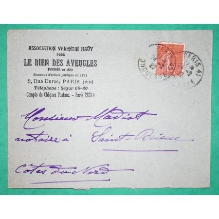 N°199 SEMEUSE ENVELOPPE PUB ASSOCIATION VALENTIN HAÜY POUR LE BIEN DES AVEUGLES PARIS POUR ST BRIEUC COTES DU NORD 1927