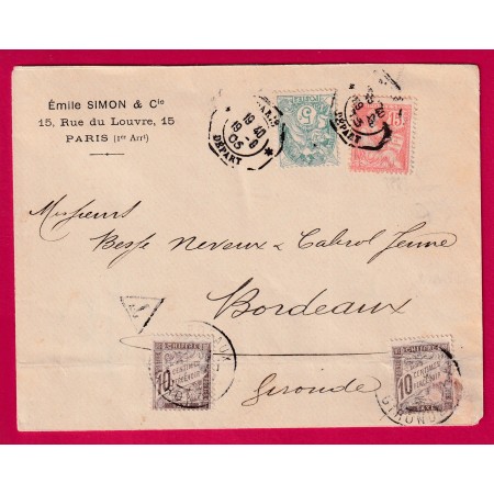 RARE LEVEE EXCEPTIONNELLE TAXEE A 20C TYPE DUVAL N°111 + 125 PARIS DEPART 1905 BORDEAUX GIRONDE