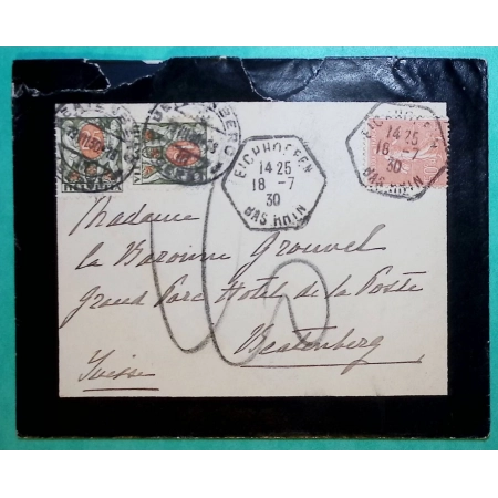 N°199 SEMEUSE TAXE SUISSE 40C DEPART EICHHOFFEN BAS RHIN ALSACE POUR BEATENBERG SUISSE 1930 LETTRE COVER FRANCE