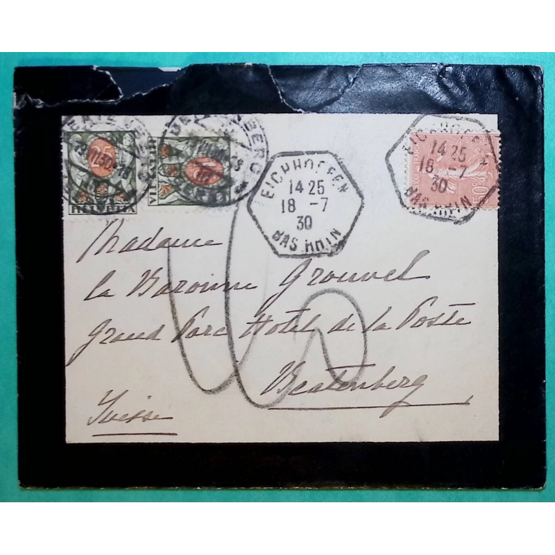 N°199 SEMEUSE TAXE SUISSE 40C DEPART EICHHOFFEN BAS RHIN ALSACE POUR BEATENBERG SUISSE 1930 LETTRE COVER FRANCE