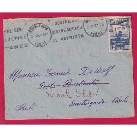 N°320 GRENOBLE 1936 ISERE POUR SANTIAGO DU CHILI CHILE
