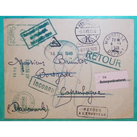 LETTRE MARSEILLE POUR COPENHAGUE DANEMARK ADMINISTRATION DE LA MARINE SETE RETOUR ENVOYEUR TAXE + ETIQUETTE RETOUR 1948