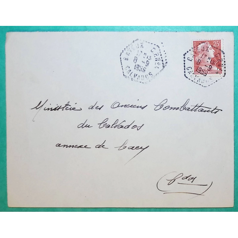 N°1011C MARIANNE DE MULLER CACHET MANUEL POSTE AUTOMOBILE BAYEUX CALVADOS CP N°4 POUR CAEN 1959 LETTRE COVER FRANCE
