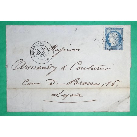 N°60A GC 4626 BEDARRIDES VAUCLUSE BUREAU SUPPLEMENTAIRE POUR LYON RHONE 1874