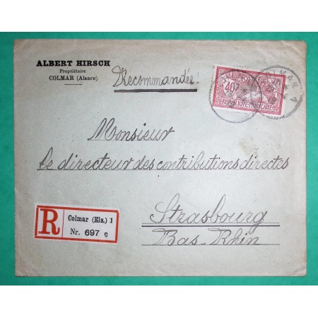 N°119 MERSON RECOMMANDE COLMAR ALSACE LORRAINE ETIQUETTE ALLEMANDE POUR STRASBOURG 1919