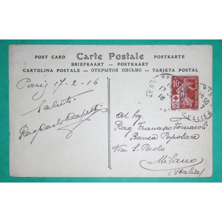 N°147 SEMEUSE CROIX ROUGE CARTE POSTALE TOUR EIFFEL PARIS POUR MILAN MILANO ITALIE ITALIA 1916