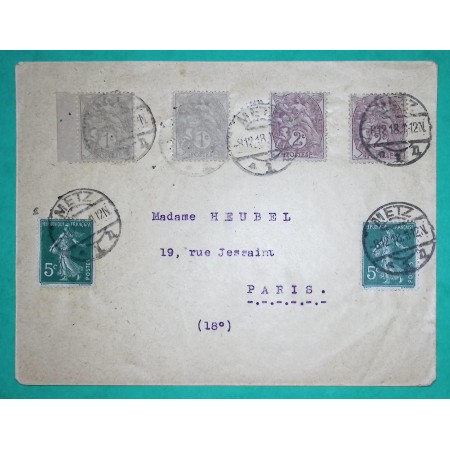 N°107 x2 + 108 x2 + 137 x2 BLANC SEMEUSE OBLITERATION ALLEMANDE METZ ALSACE LORRAINE POUR PARIS 1912