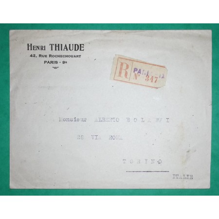 N°199 x6 SEMEUSE RECOMMANDE HENRI THIAUDE PHILATELIE PARIS POUR TURIN TORINO ITALIE ITALIA 1928