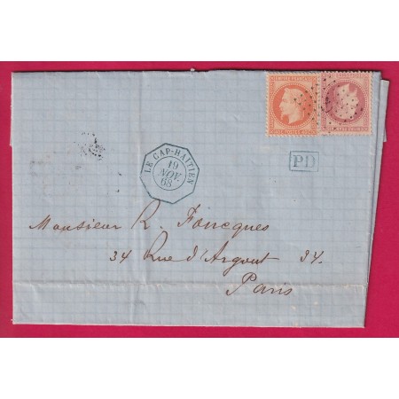 N°31 32 ANCRE NOIRE CAD CONSULAIRE LE CAP HAITIEN EN BLEU POUR PARIS 1868