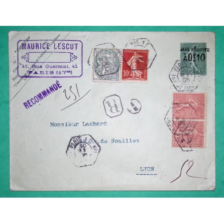 ENTIER 15C SEMEUSE TAXE REDUITE + COMPLEMENT AFFRANCHISSEMENT 111 + 129 x2 + 134 BLANC SEMEUSE SOL RECOMMANDE PARIS 1905