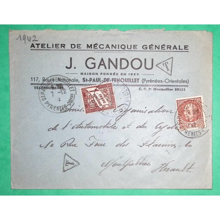 N°517 PETAIN BERSIER + TAXE DUVAL 1F  PUB ATELIER MECANIQUE GENERALE GANDOU ST PAUL DE FENOUILLET PYRENEES ORIENTALES 1942
