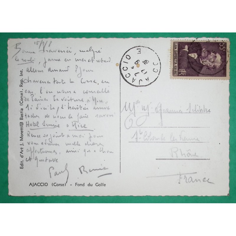 N°378 LEON GAMBETTA CARTE POSTALE AJACCIO CORSE POUR SAINTE COLOMBE RHONE 1938