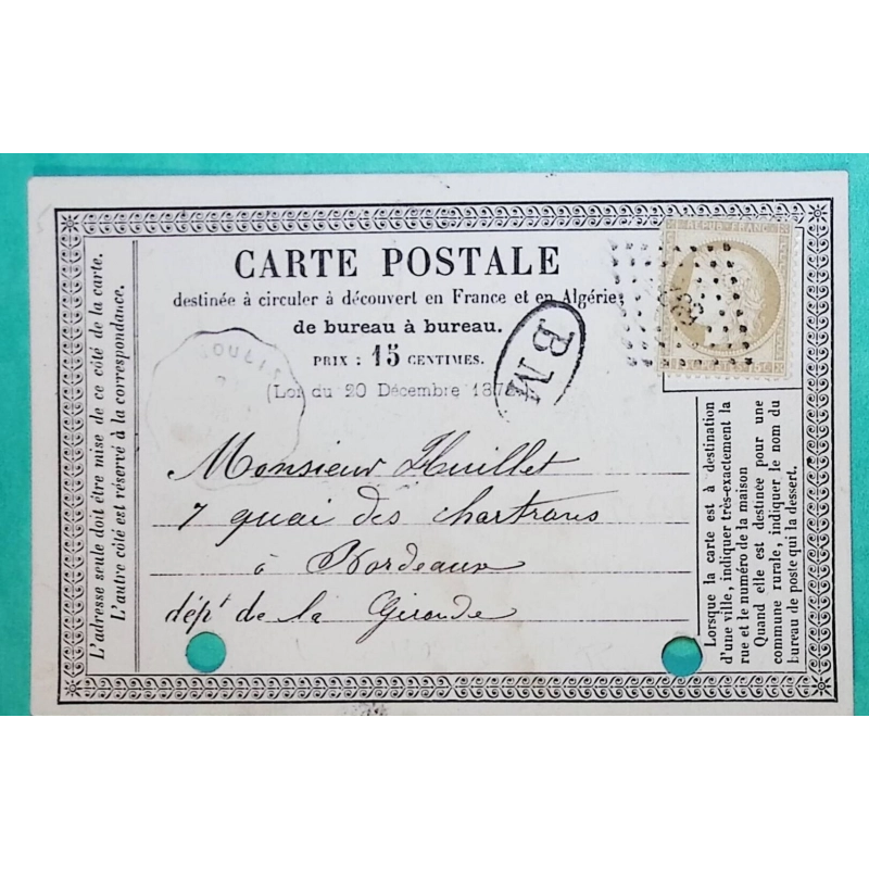 N°55 CARTE PRECURSEUR PC DU GC 532 BORDEAUX GIRONDE BM BOITE MOBILE + CONVOYEUR STATION MOULIS 1875 COVER FRANCE