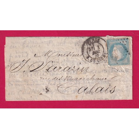 BALLON MONTE PARIS 3 DECEMBRE 1870 POUR CALAIS PAS DE CALAIS ARRIVE LE 11 DECEMBRE 1870