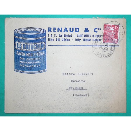 N°813 MARIANNE DE GANDON ENVELOPPE PUB ILLUSTREE LE BRIOCHIN SAVON MOU OBLITERATION ST BRIEUC GARE COTES DU NORD 1950