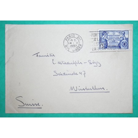 N°357 SEUL SUR LETTRE SESQUICENTENAIRE CONSTITUTION DES ETATS UNIS PARIS RUE SINGER POUR WINTERTHUR SUISSE 1937
