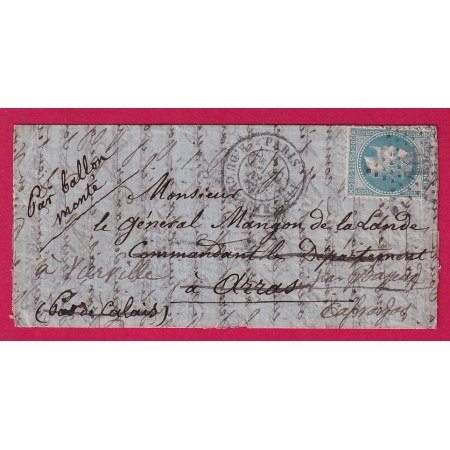 BALLON MONTE L'ARCHIMEDE PARIS 20 NOV 1870 CAHET ARRIVE TYPE 24 VIERVILLE SUR MER CALVADOS 24.11 ARRAS PAS DE CALAIS