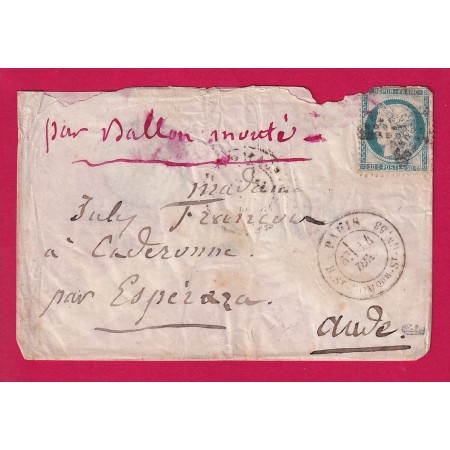 BALLON MONTE LE TOURVILLE PARIS ETOILE 20 ST GN 53 POUR ESPERAZA AUDE ARRIVE LE CARCASSONNE 28.12