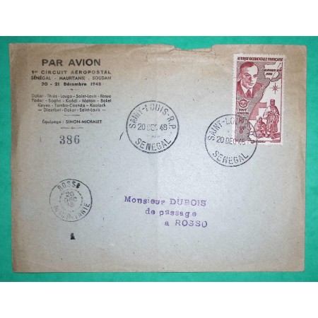 8F SAINT EXUPERY AOF AVION 1ER CIRCUIT POSTAL AERIEN SENEGAL MAURITANIE SOUDAN DEPART SAINT LOUIS POUR ROSSO MAURITANIE 1948