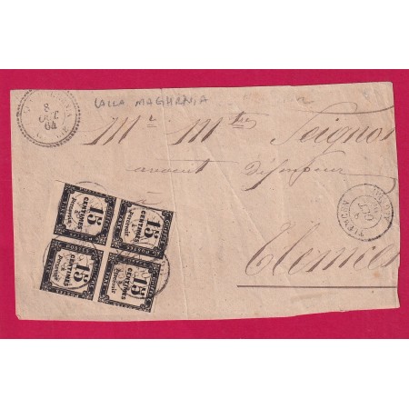 TAXE N°3 BLOC DE 4 TLEMCEN ALGERIE 1864 CAD TYPE 22 LALLA MAGHRNIA ALGERIE QUADRUPLE PORT DEVANT DE LETTRE