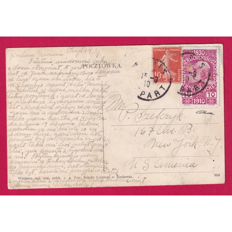 CARTE POSTALE AFFRANCHISSEMENT MIXTE FRANCE AUTRICHE PARIS DEPART 1910 POUR NEW YORK USA