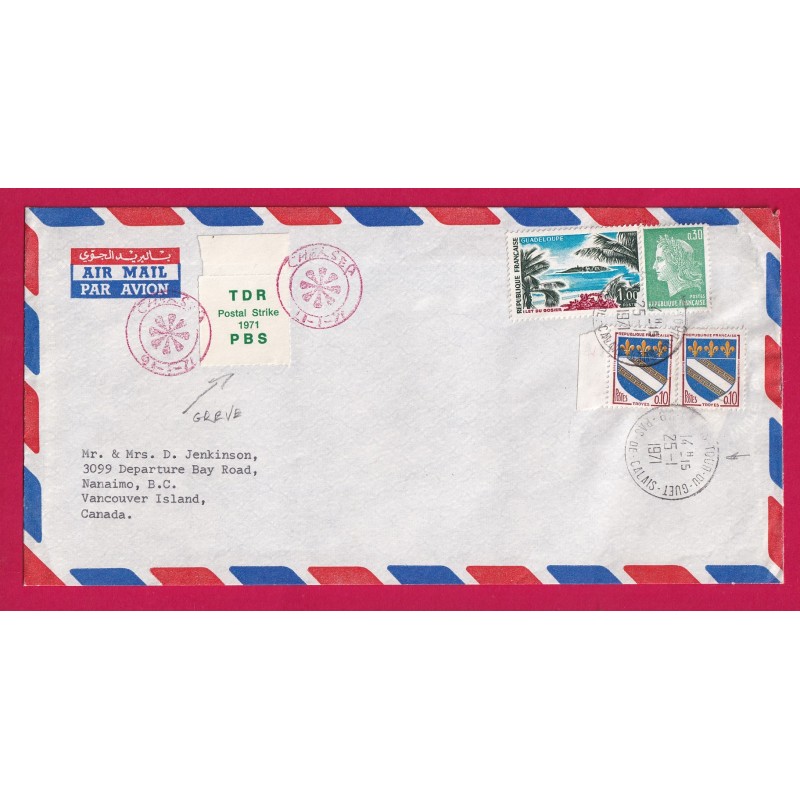 VIGNETTE GREVE POSTALE STRIKE 1971 DEPART PAS DE CALAIS FRANCE CHEFFER POUR VANCOUVER CANADA