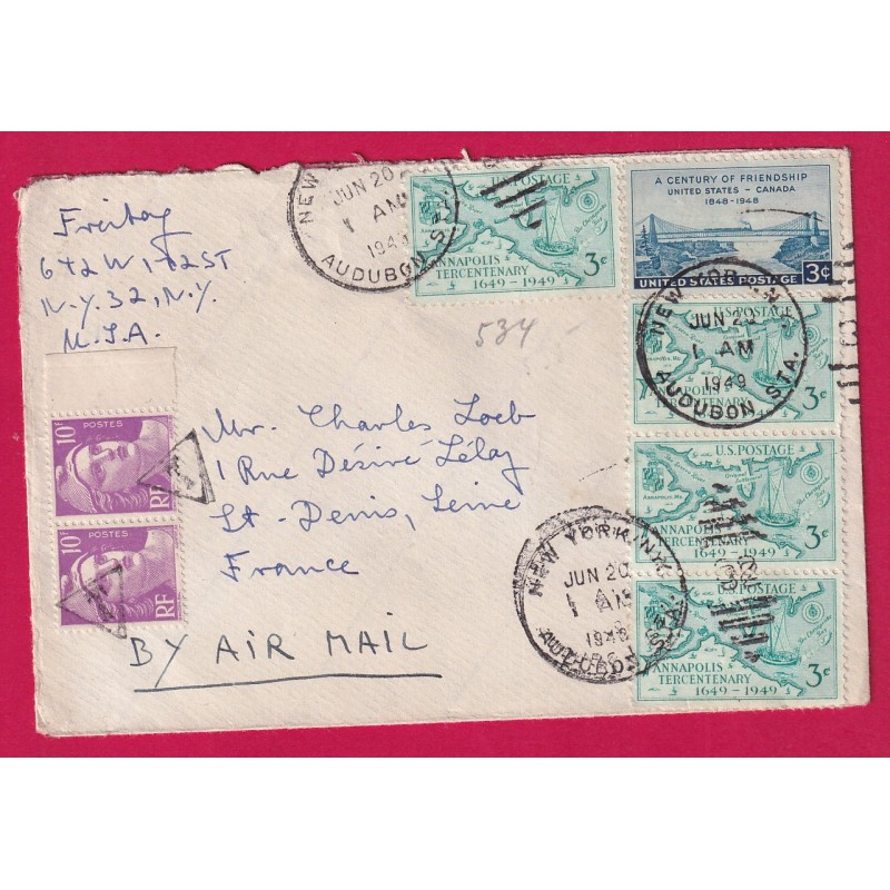 10F GANDON PAIRE SERVI EN TIMBRE TAXE   ST DENIS SEINE 1948 DEPART NEW YORK ETATS UNIS USA