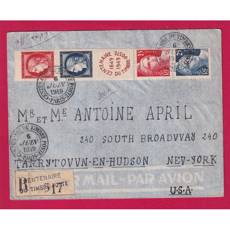 N°830 833 CENTENAIRE DU TIMBRE FRANCAIS PARIS 1849 RECOMMANDE NEW YORK ETATS UNIS USA