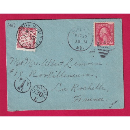 USA DUNDALK ETATS UNIS 1922 TAXE DUVAL 30C ROUGE LA ROCHELLE CHARENTE INFERIEURE