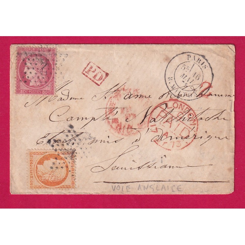 N°38 57 PARIS ETOILE 4 R MILTON 1873 LOUISIANE USA VOIE ANGLAISE ETATS UNIS AMERIQUE