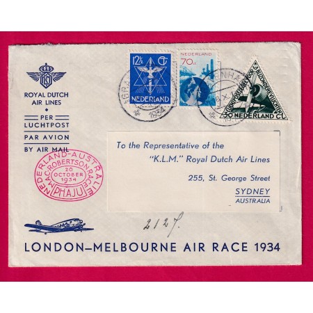 1ER VOL FIRST FLIGHT KLM LONDON MELBOURNE ANGLETERRE AUSTRALIE 1934 GRAVENHAGE PAYS BAS NEDERLAND