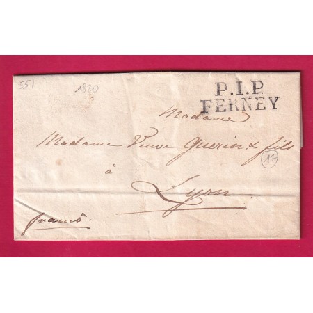 MARQUE P1P FERNAY AIN EN NOIR ACHEMINEE DE VEVEY SUISSE 1820 POUR LYON INDICE 17