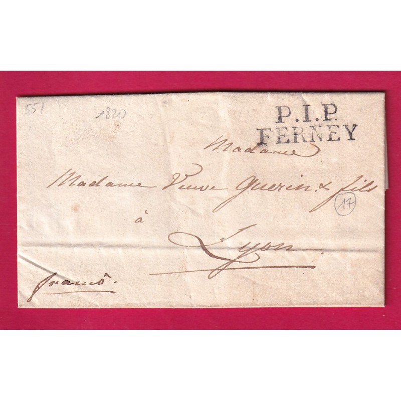 MARQUE P1P FERNAY AIN EN NOIR ACHEMINEE DE VEVEY SUISSE 1820 POUR LYON INDICE 17