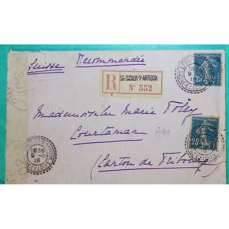 N°140 x2 SEMEUSE RECOMMANDE CAD FB84 ST DIDIER SUR ARROUX SAONE ET LOIRE POUR COURTAMAN SUISSE CENSURE 102 WW1 1918