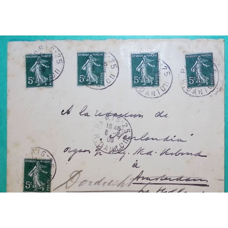 N°137 x5 SEMEUSE CAD PARIS RUE DANTON POUR DORDRECHT HOLLANDE NETHERLANDS 1909 LETTRE COVER FRANCE