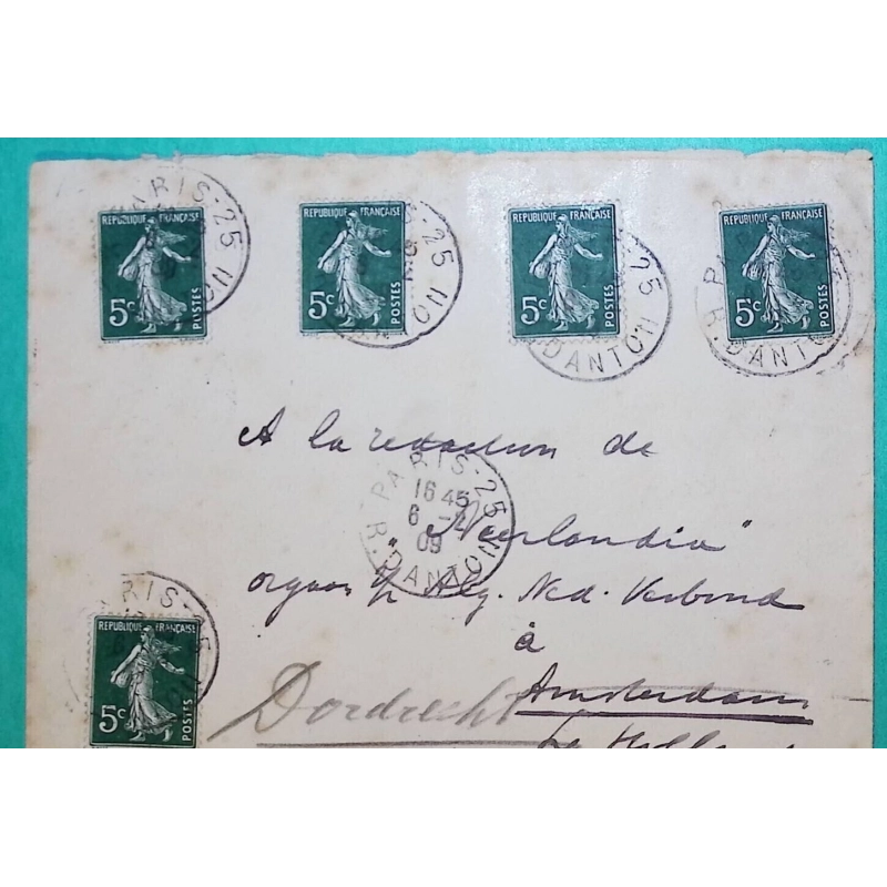 N°137 x5 SEMEUSE CAD PARIS RUE DANTON POUR DORDRECHT HOLLANDE NETHERLANDS 1909 LETTRE COVER FRANCE