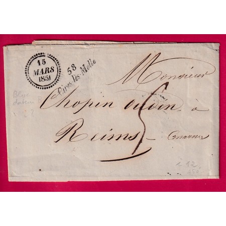CURSIVE 58 CIRES LES MELLO OISE DATEUR B 15 MARS 1851 POUR REIMS MARNE AU DOS AMBULANT LIGNE DE QUIEVRAIN