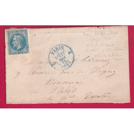 COMMUNE DE PARIS N°29 ETOILE EVIDEE BLEU CACHET DE ROUTE 6 EN BLEU DU 27 MAI 1871 SEMAINE SANGLANTE INDICE 33 DEVANT DE LETTRE