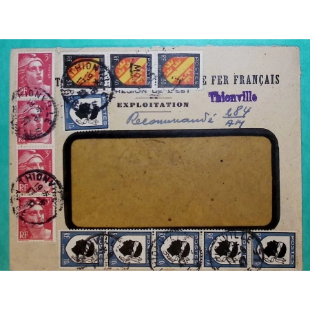 N°716 x4 + 755 x6 + 756 x3 MIXTE MARIANNE DE GANDON ARMOIRIES RECOMMANDE PROVISOIRE THIONVILLE MOSELLE 1947 FRANCE